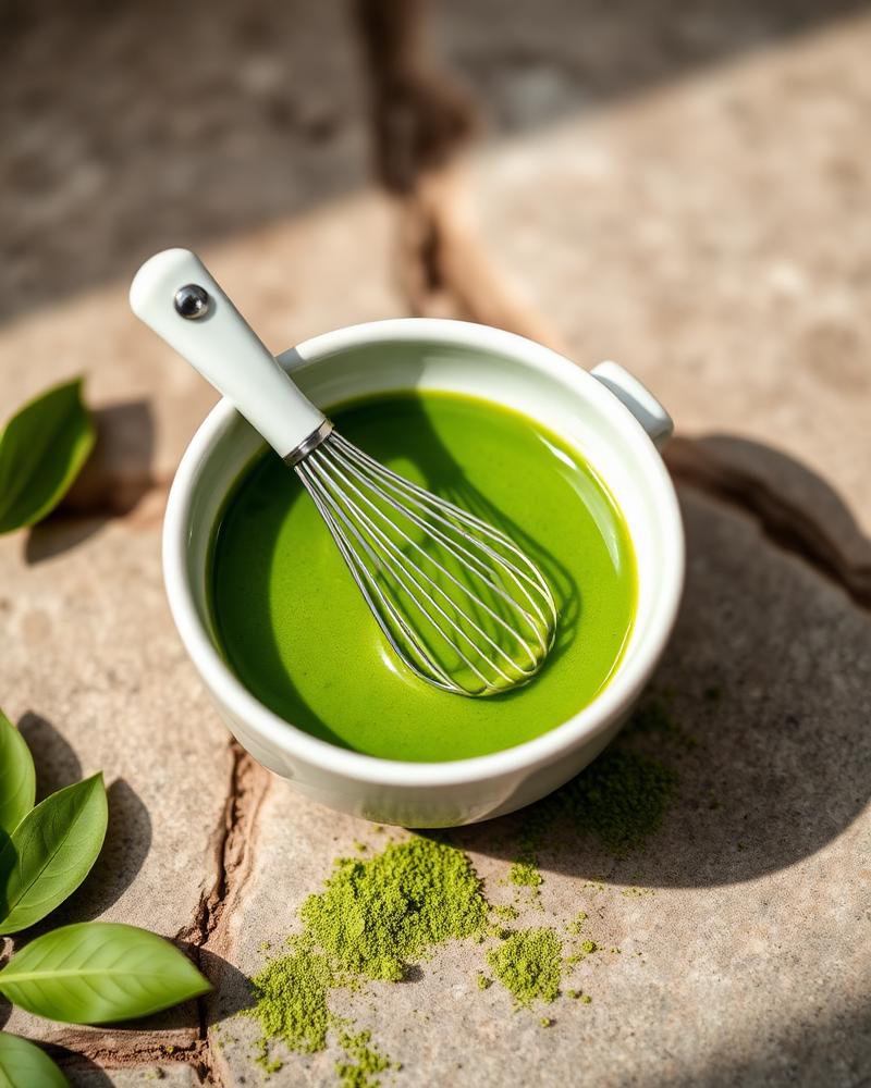 Vibrant green matcha whisked in a ceramic white bowl on a stone surface